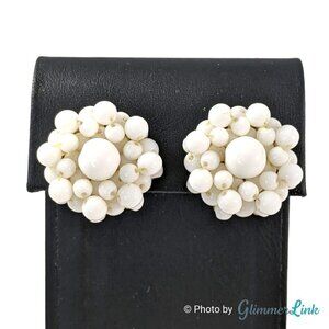 Vintage 1960s W Germany White Lucite Bead Cluster Clip On Earrings